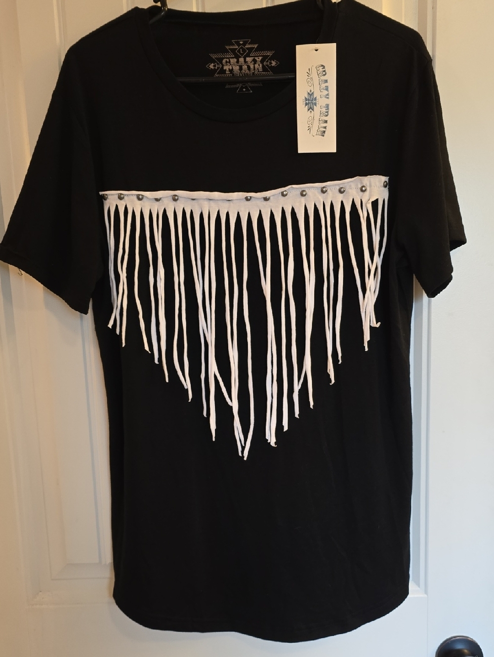 Crazy Train Black Short Sleeve Tee with White Fringe & Silver Studs